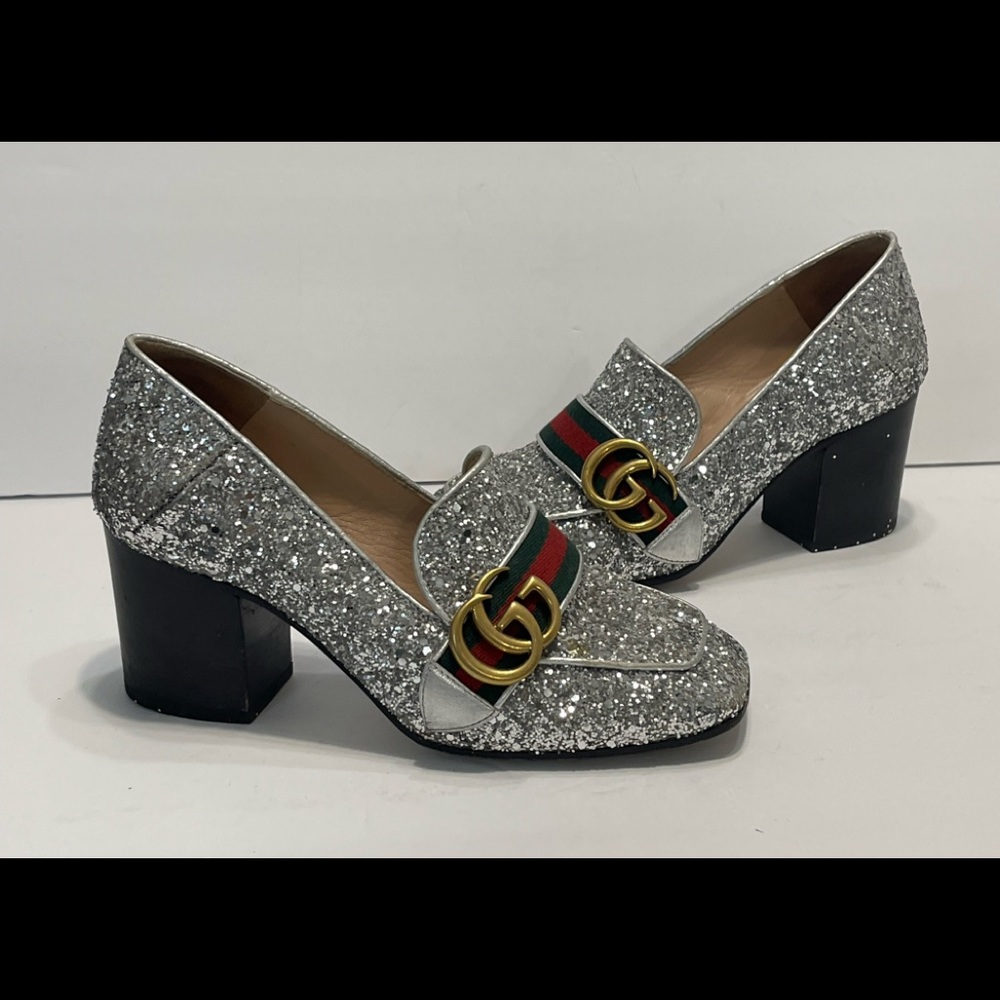 Gucci Glitter Peyton Loafer Pump In Grey Silver Shoes Sz 35